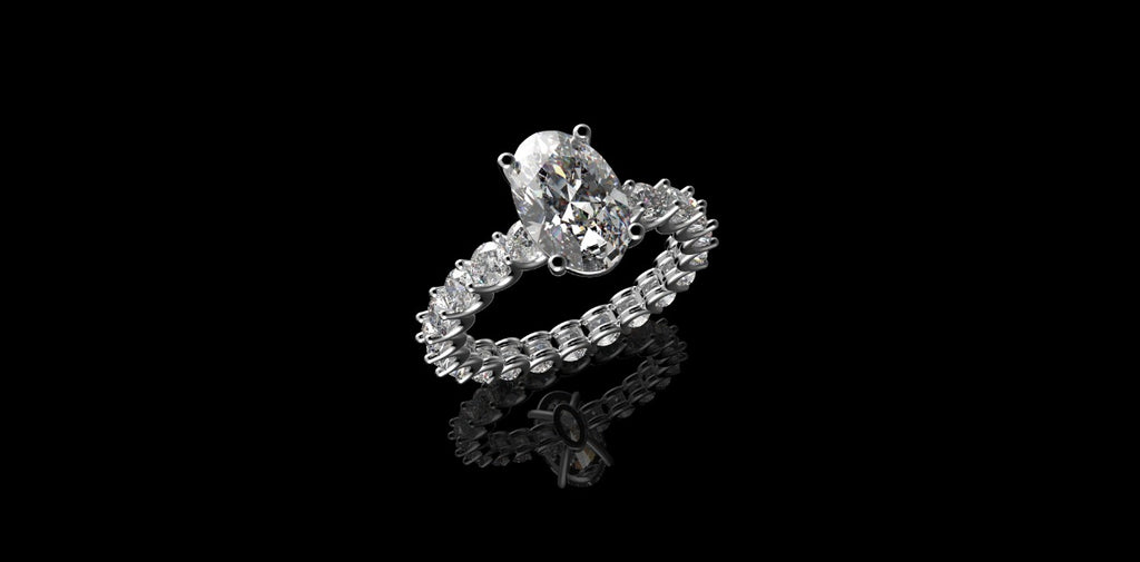 18K WHITE GOLD CUSTOM DIAMOND ETERNITY BAND ENGAGEMENT RING WITH OVAL CENTER STONE