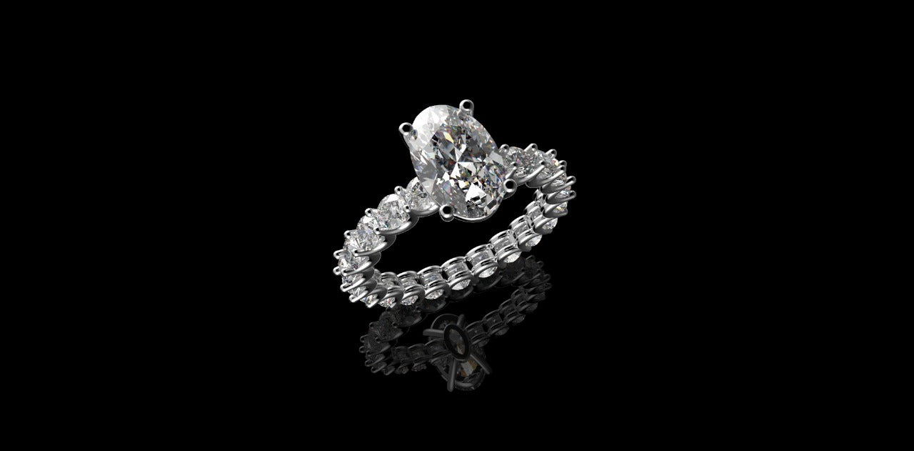 18K WHITE GOLD CUSTOM DIAMOND ETERNITY BAND ENGAGEMENT RING WITH OVAL CENTER STONE