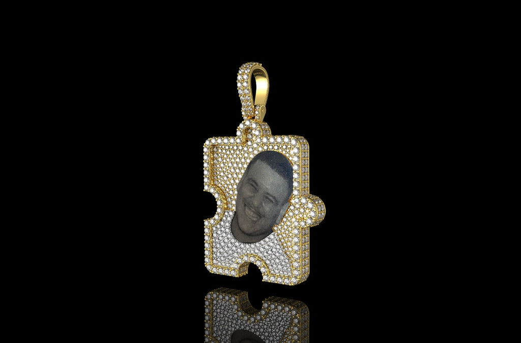 14k yellow gold custom 3d diamond puzzle piece picture pendant