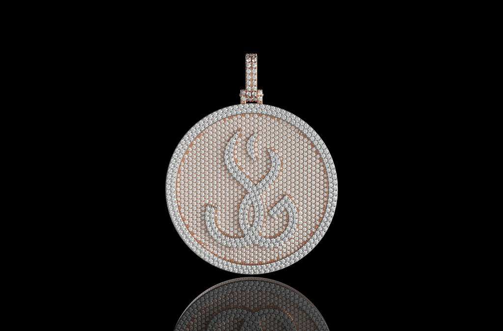 14k 2 tone rose and white gold 3d double layer large round custom diamond pendant