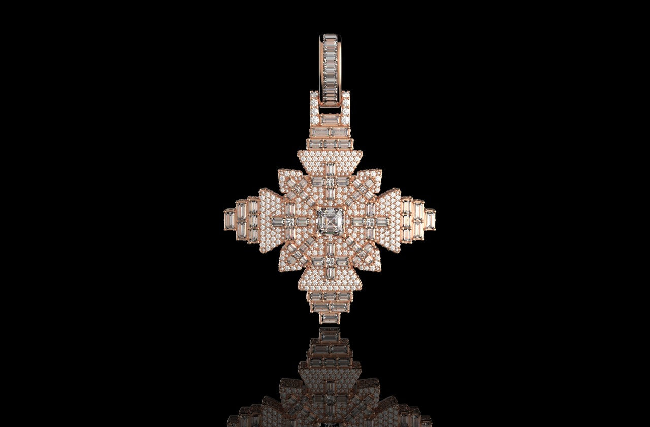 14K ROSE GOLD 3D CUSTOM GEOMETRIC DIAMOND CROSS