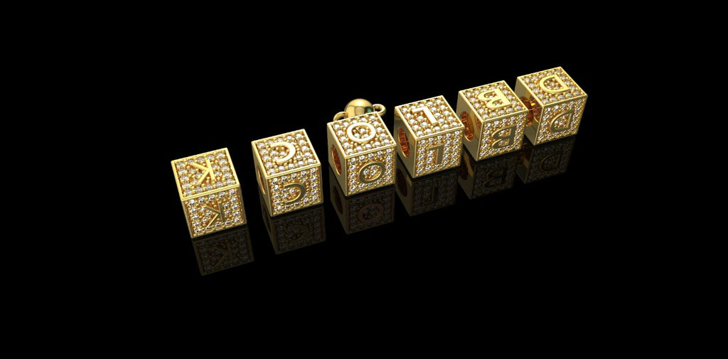 14k yellow gold 3D square "D BLOCK" diamond charms