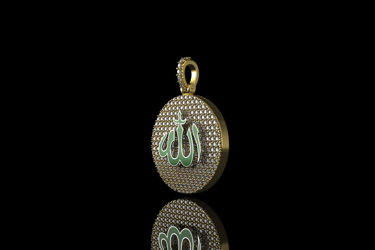 14k yellow gold custom "allah" green enamel round medallion diamond pendant