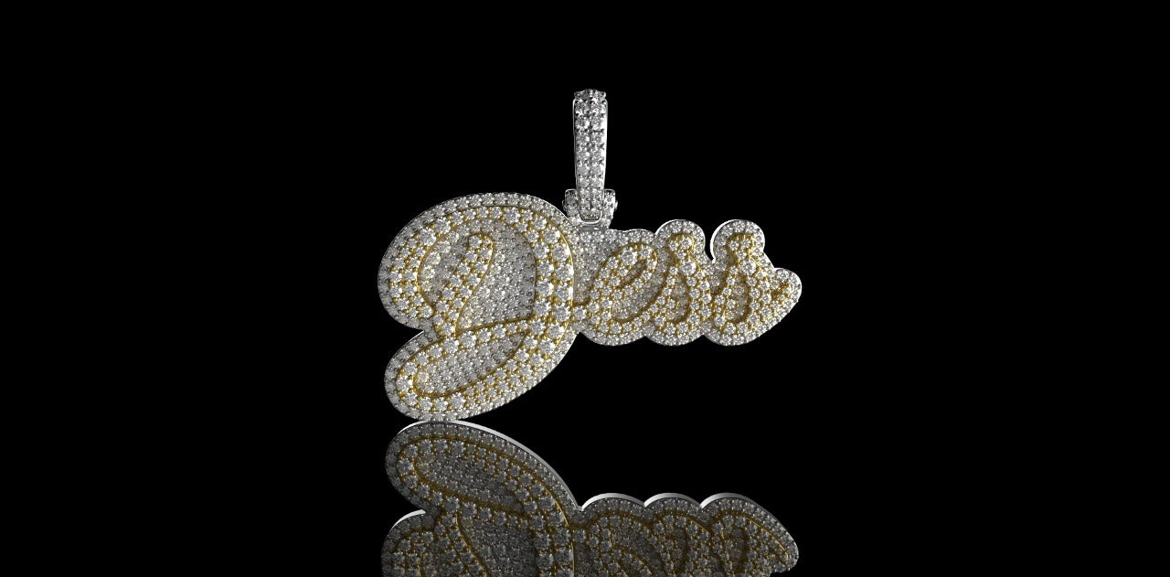 14K 2 TONE YELLOW AND WHITE GOLD DOUBLE LAYER CUSTOM "DESS" STYLE DIAMOND PENDANT