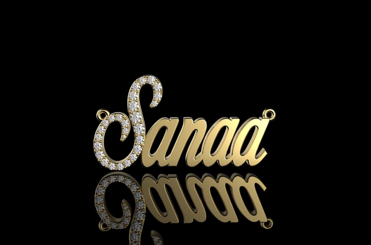 14k yellow gold custom "sanaa" style diamond pendant