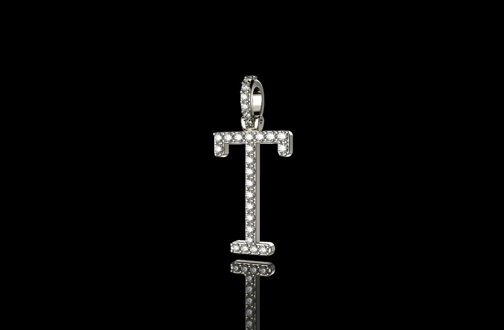14k white gold custom single layer initial "T" diamond pendant