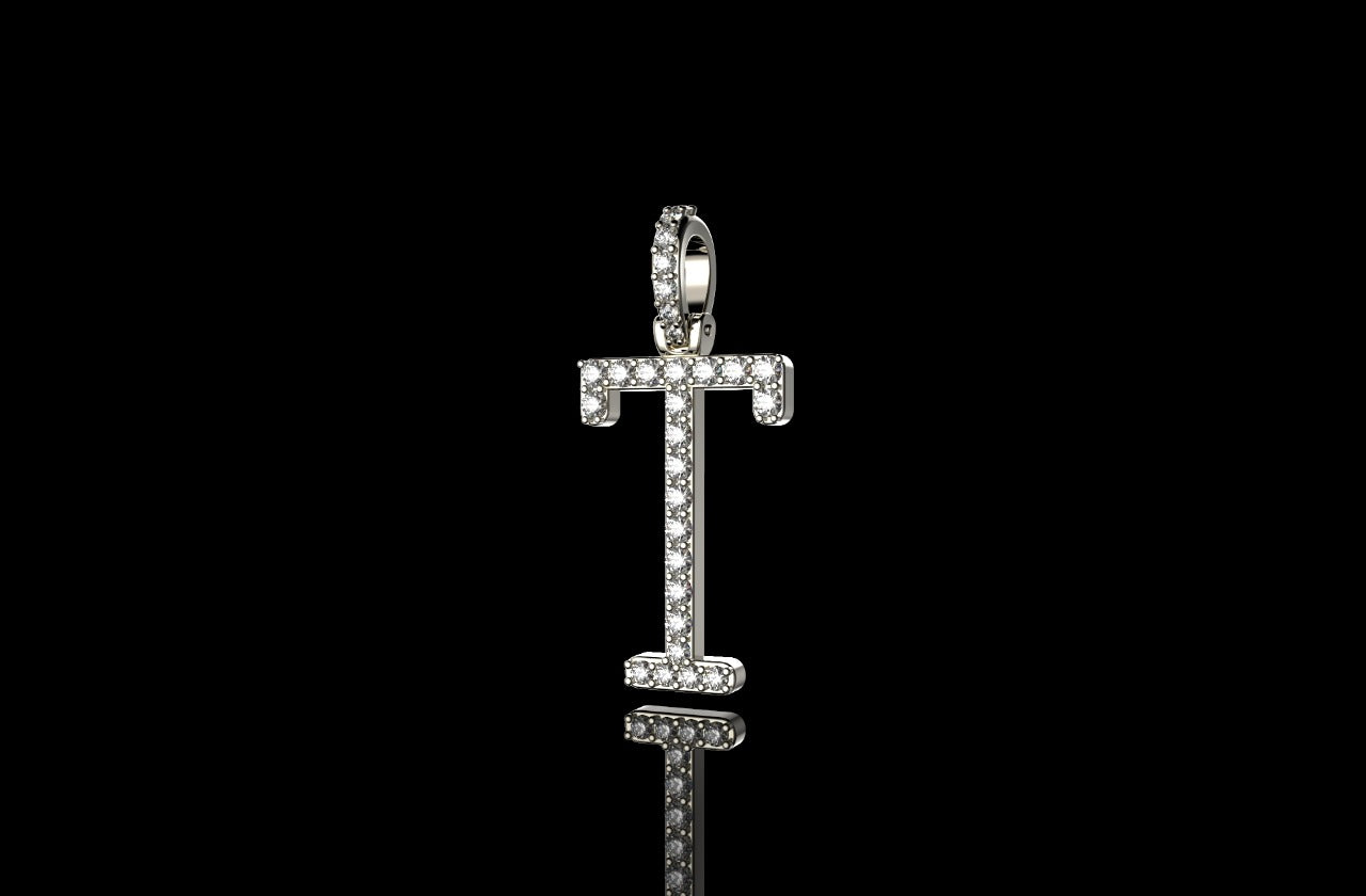 14k white gold custom single layer initial "T" diamond pendant