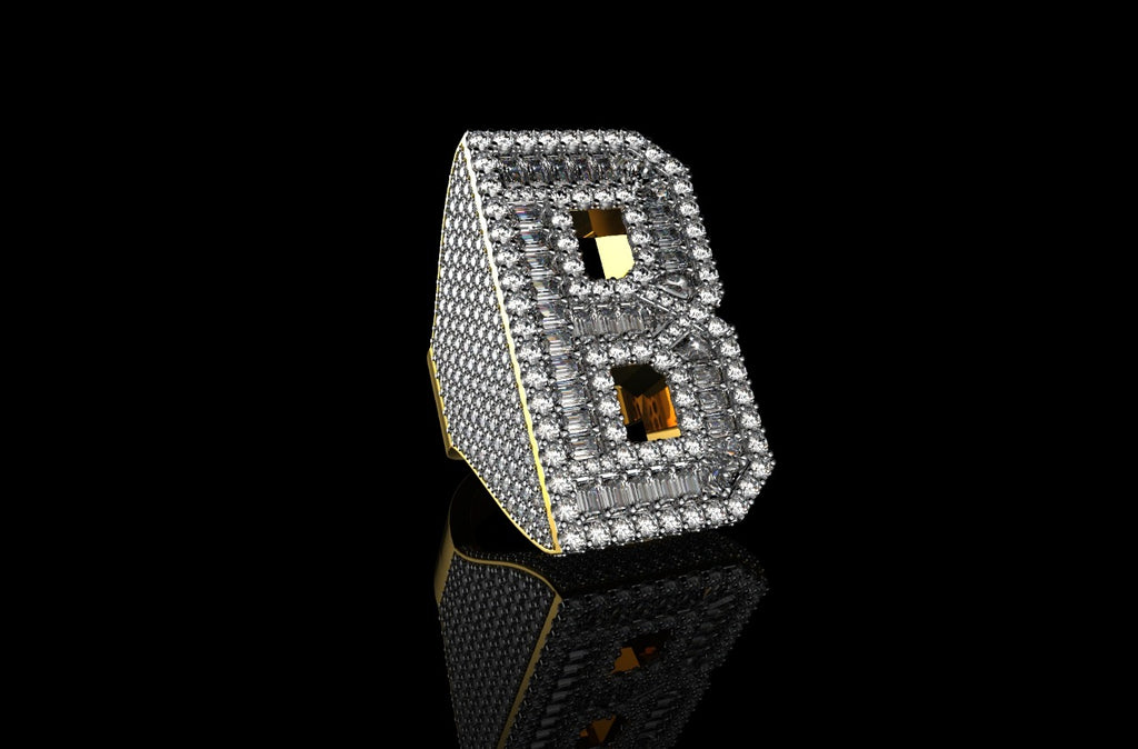 14k yellow gold custom initial "b" style baguette diamond and round diamond ring