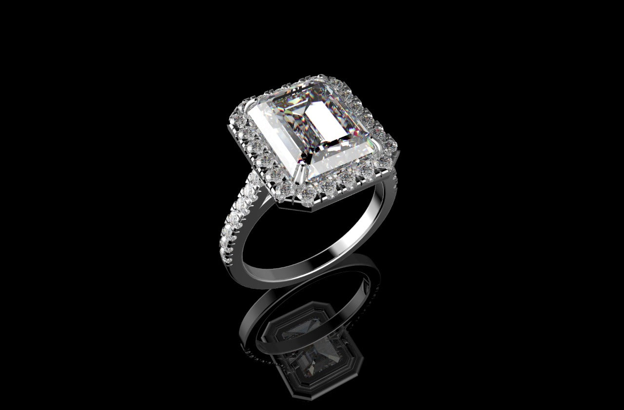 18k white gold Emerald cut halo diamond engagement ring 6.50cts