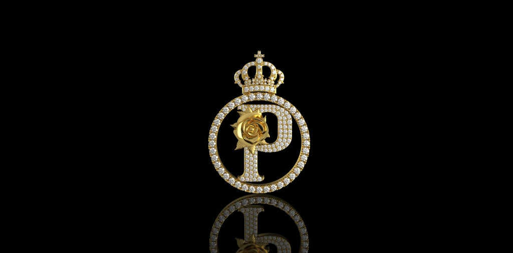 14K YELLOW GOLD CUSTOM ROUND "INITIAL P" WITH DIAMOND CROWN STYLE PENDANT