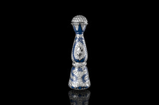 14k white gold custom diamond "azul" bottle pendant with blue enamel