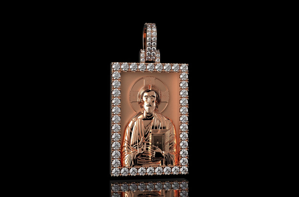 14k rose gold custom 3d square shape diamond saint medallion pendant