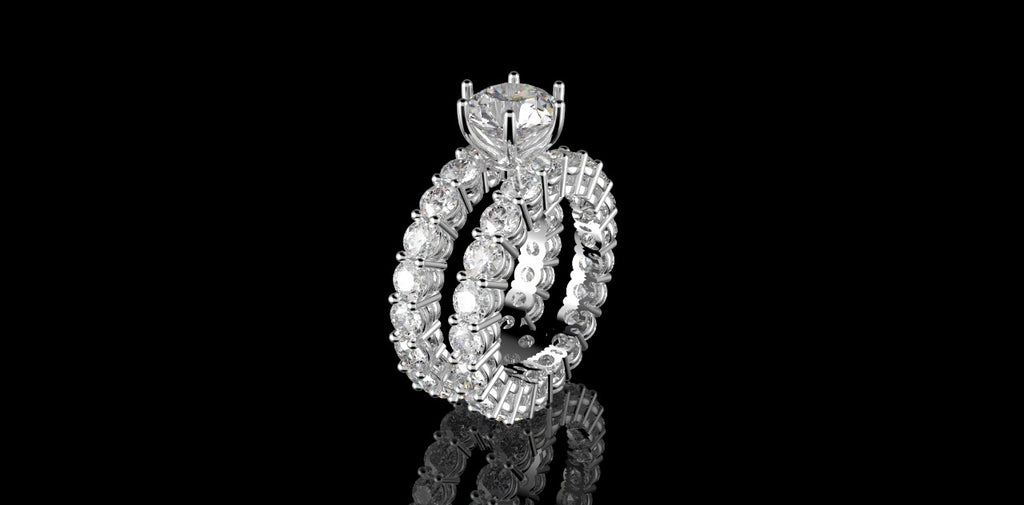 18K WHITE GOLD CUSTOM ETERNITY DIAMOND ENGAGEMENT RING WITH MATCHING DIAMOND ETERNITY BAND