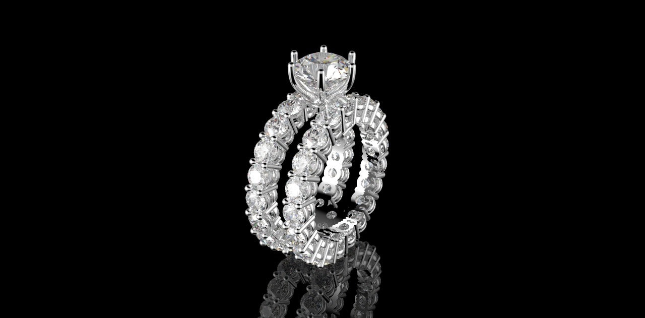 18K WHITE GOLD CUSTOM ETERNITY DIAMOND ENGAGEMENT RING WITH MATCHING DIAMOND ETERNITY BAND