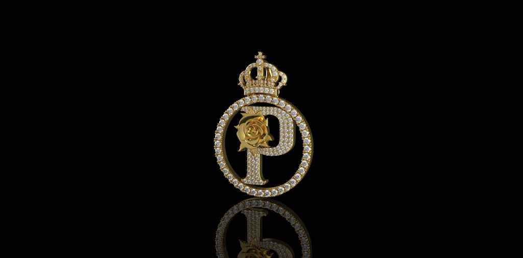 14K YELLOW GOLD CUSTOM ROUND "INITIAL P" WITH DIAMOND CROWN STYLE PENDANT