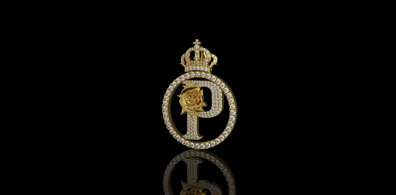 14K YELLOW GOLD CUSTOM ROUND "INITIAL P" WITH DIAMOND CROWN STYLE PENDANT