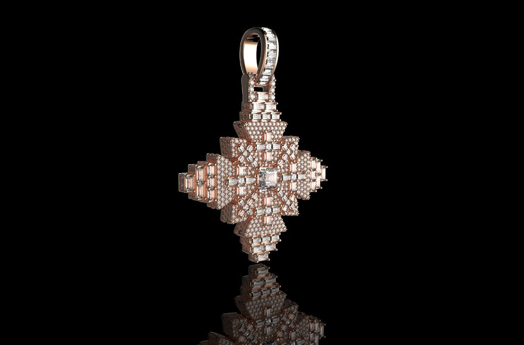 14K ROSE GOLD 3D CUSTOM GEOMETRIC DIAMOND CROSS