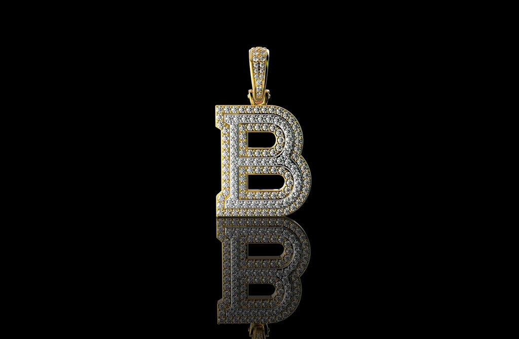 14k 2 tone yellow and white gold double layer initial B diamond pendant