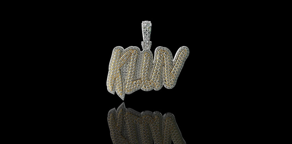 14k 2 tone white and yellow gold double layer "KLUV" style custom diamond pendant