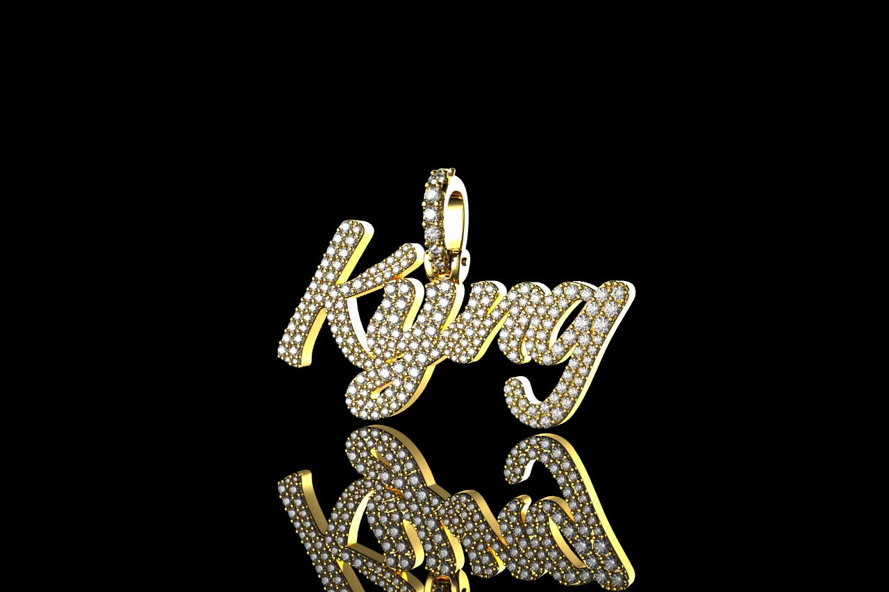 14k yellow gold custom 2 row "kyng" style diamond pendant