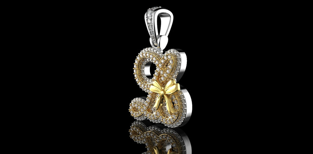 14K 2 TONE YELLOW AND WHITE GOLD CUSTOM "LO BOWTIE" STYLE DIAMOND PENDANT