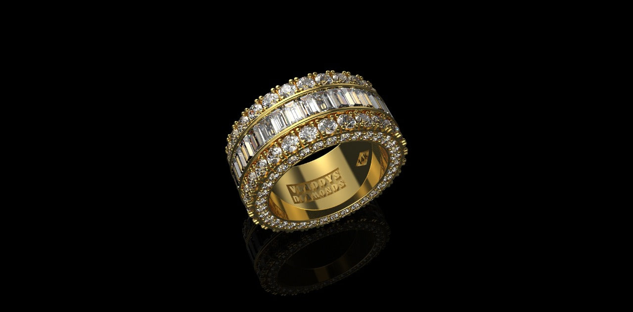 14K YELLOW GOLD MENS CUSTOM DIAMOND BAND BAGUETTE & ROUND DIAMOND RING