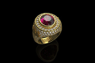 14k yellow gold mens custom made ruby bishop style diamond ring