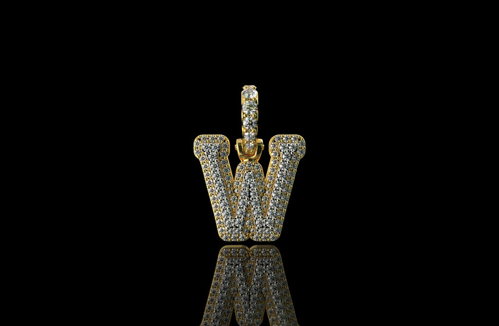 14k 2 tone yellow and white gold double layer small initial W diamond pendant