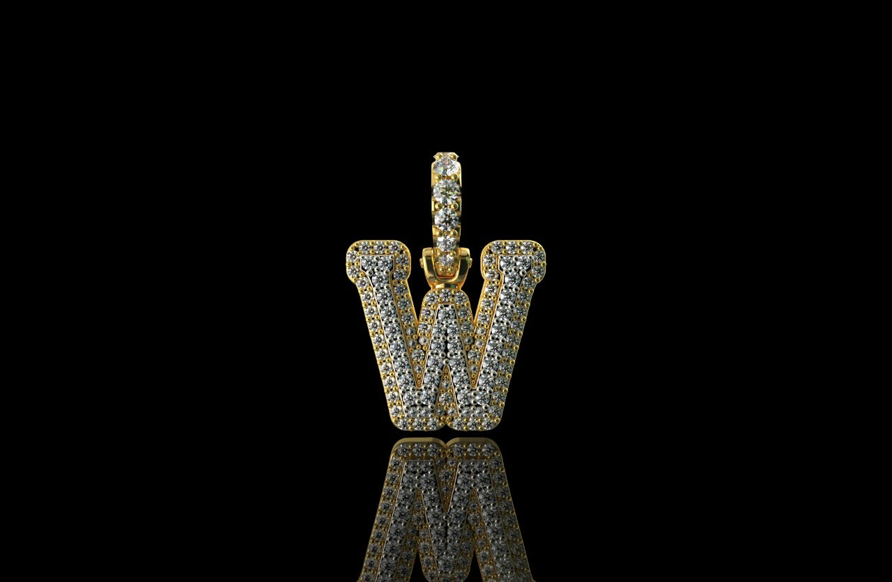 14k 2 tone yellow and white gold double layer small initial W diamond pendant