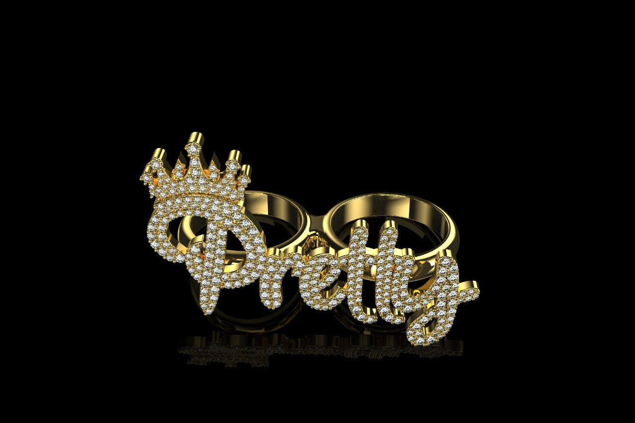 14k 2 tone yellow and white gold "pretty" with crown style diamond double finger ring