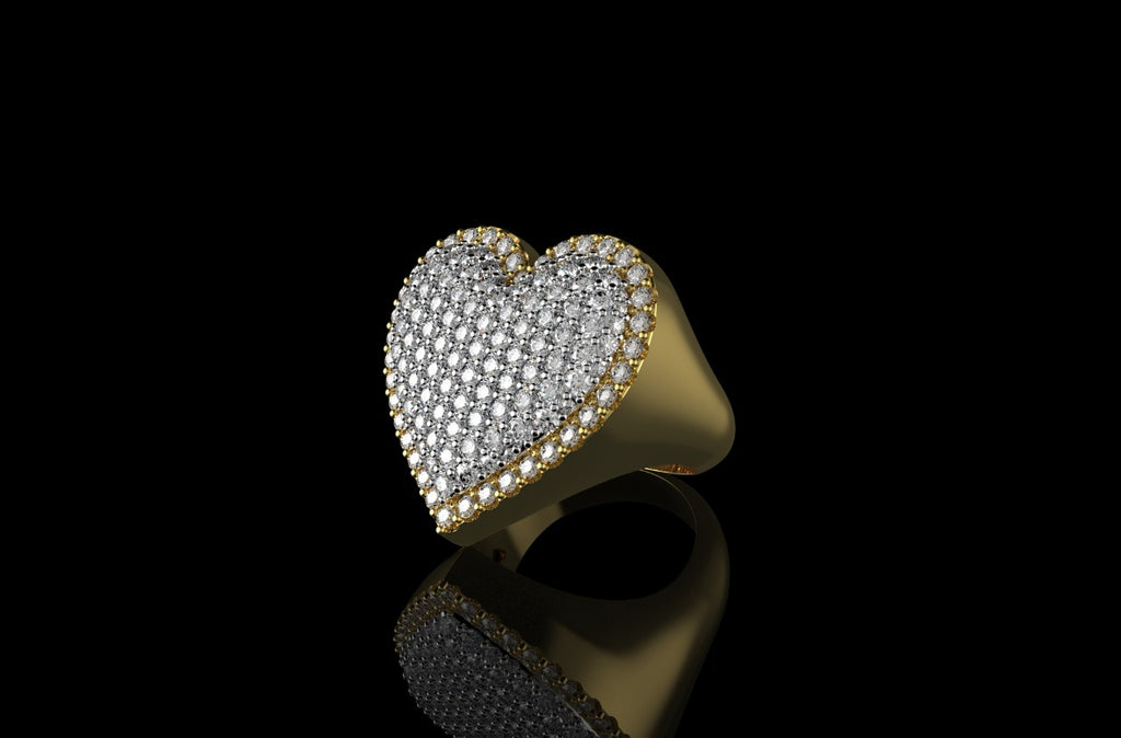14k 2 tone yellow and white gold 3d bubble heart shape pave diamond ring