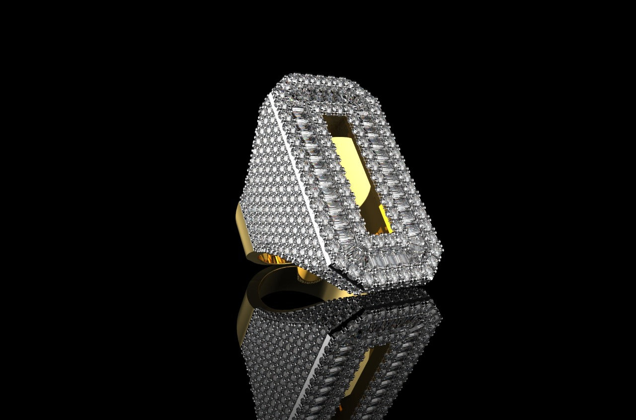 14k 2 tone yellow and white gold custom 3d initil "O" baguette and round diamond ring