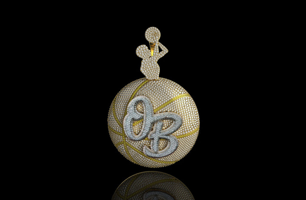 14k 2 tone yellow and white gold custom "ob" basketball diamond pendant