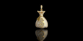 14K YELLOW GOLD CUSTOM MONEY BAG WITH BAGUETTES DIAMOND PENDANT