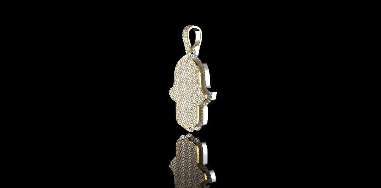 14K 2 TONE YELLOW AND WHITE GOLD CUSTOM DIAMOND MIDIUM HAMSA PENDANT