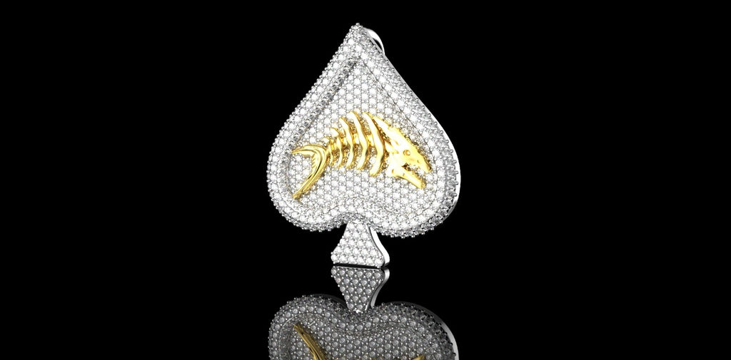 14K 2 TONE YELLOW AND WHITE GOLD CUSTOM "SPADE FISH SCALE" STYLE DIAMOND PENDANT