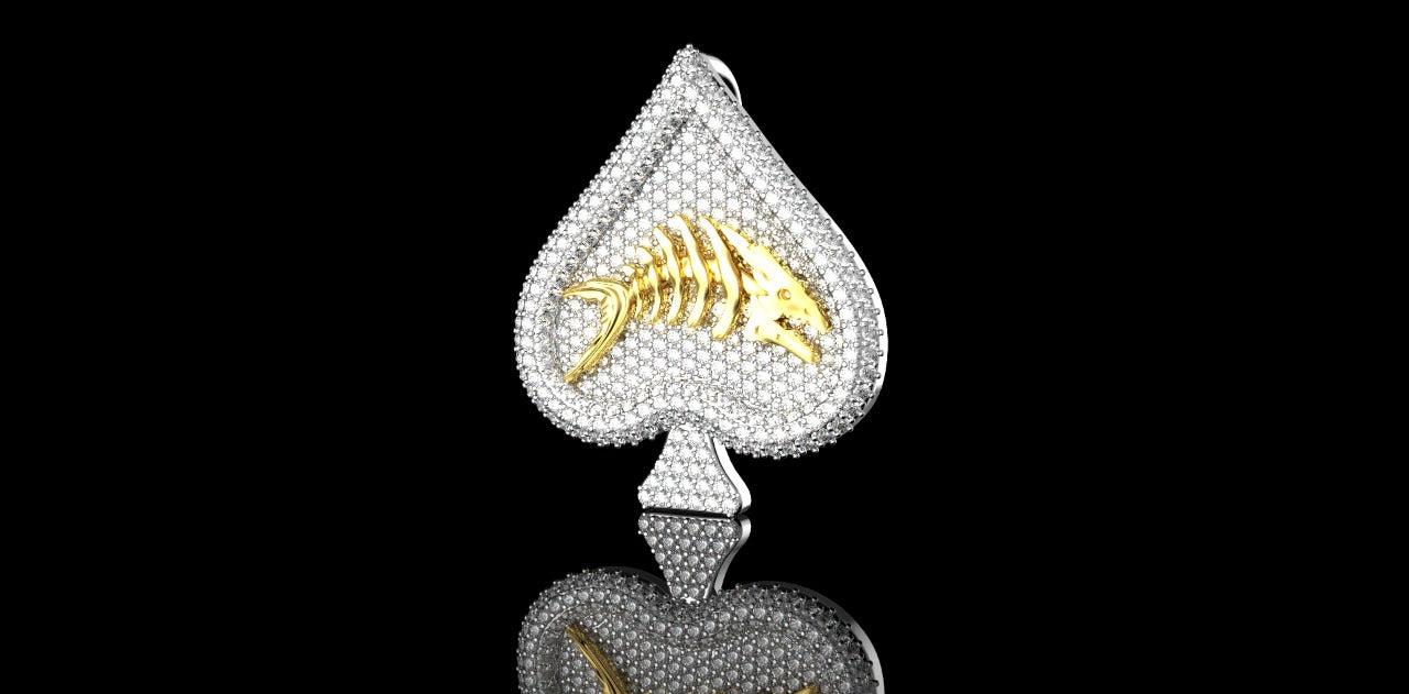 14K 2 TONE YELLOW AND WHITE GOLD CUSTOM "SPADE FISH SCALE" STYLE DIAMOND PENDANT