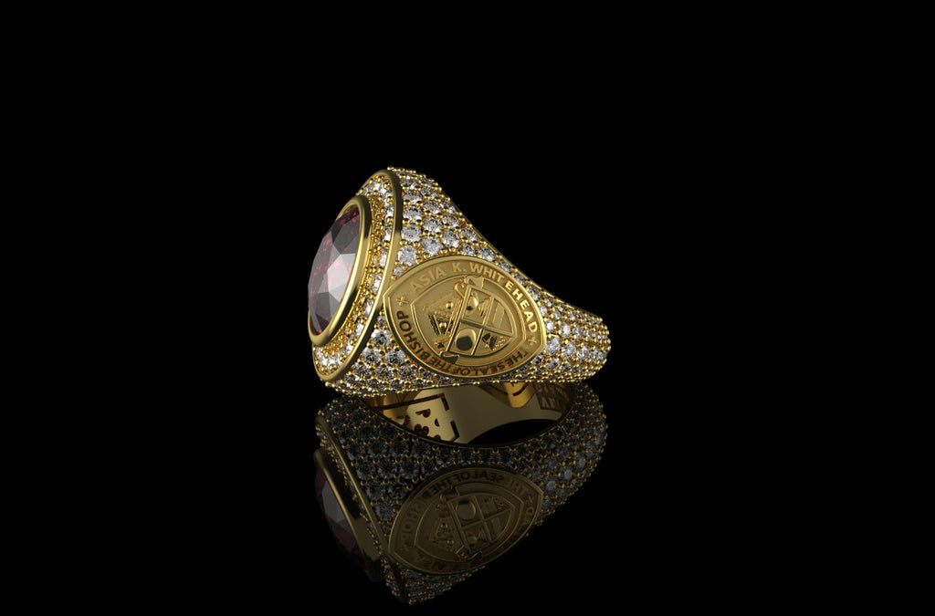 14k yellow gold mens custom made ruby bishop style diamond ring