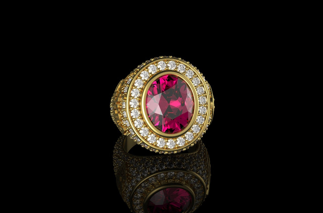 14k yellow gold mens custom made ruby bishop style diamond ring