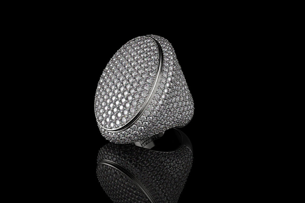 14k white gold large custom mens 3d oval shape diamond ring with bezel ring