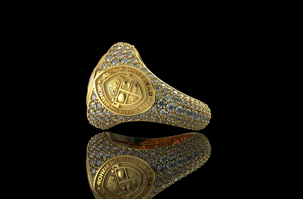 14k yellow gold mens custom made ruby bishop style diamond ring