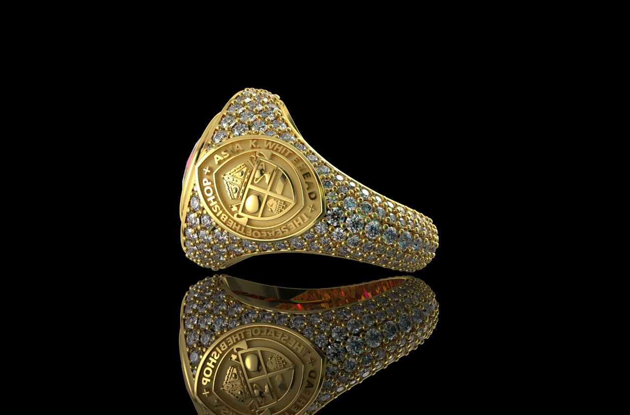 14k yellow gold mens custom made ruby bishop style diamond ring