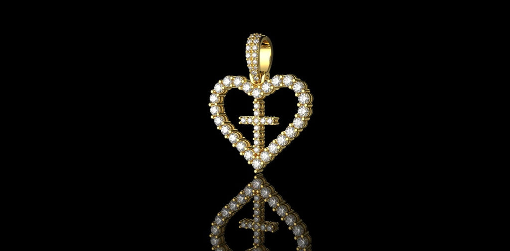 14K YELLOW GOLD CUSTOM DIAMOND HEART WITH CROSS PENDANT