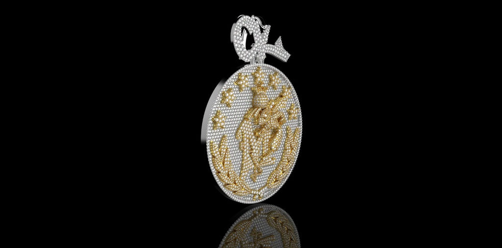 14K 2 TONE YELLOW AND WHITE GOLD LARGE CUSTOM DOUBLE LAYER "CM BUMBLE BEE" STYLE DIAMOND MEDALLION PENDANT