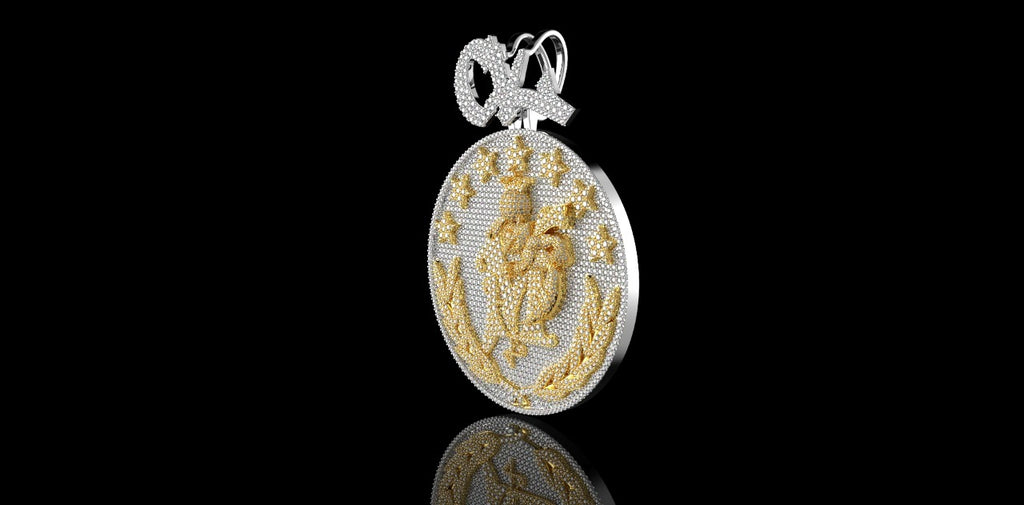 14K 2 TONE YELLOW AND WHITE GOLD LARGE CUSTOM DOUBLE LAYER "CM BUMBLE BEE" STYLE DIAMOND MEDALLION PENDANT