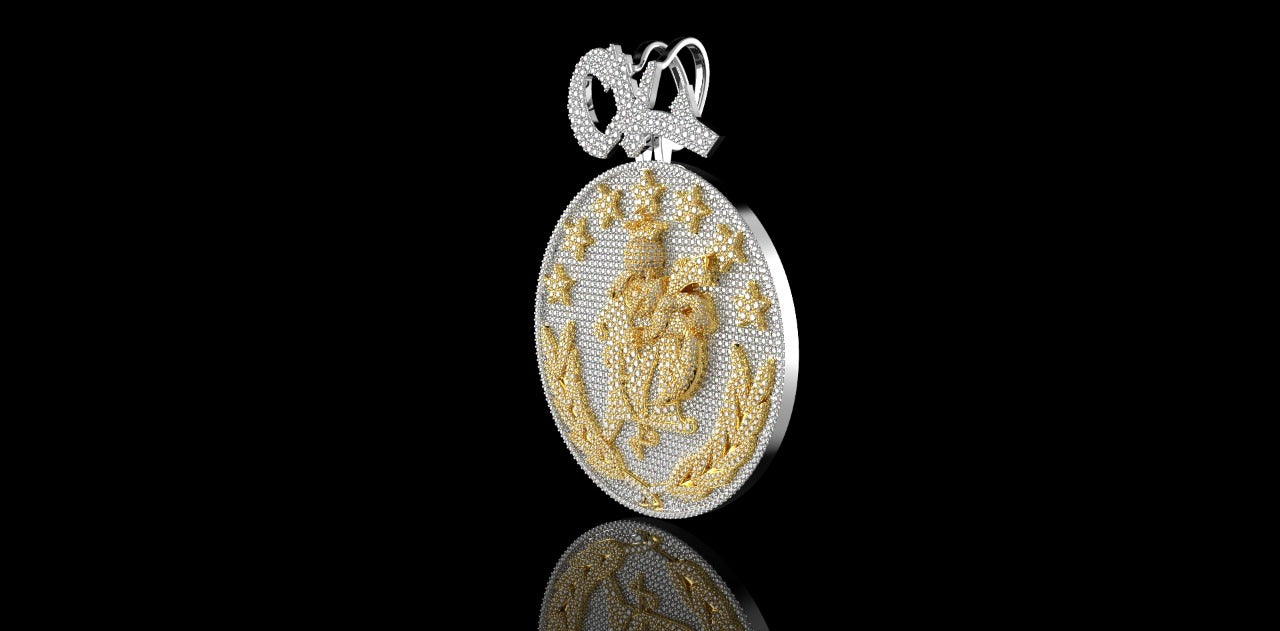 14K 2 TONE YELLOW AND WHITE GOLD LARGE CUSTOM DOUBLE LAYER "CM BUMBLE BEE" STYLE DIAMOND MEDALLION PENDANT