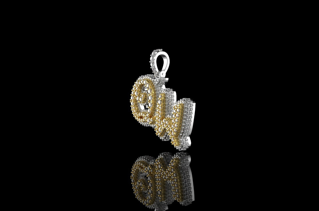 14K 2 TONE YELLOW AND WHITE GOLD DOUBLE LAYER CUSTOM MINI "QW" STYLE DIAMOND PENDANT