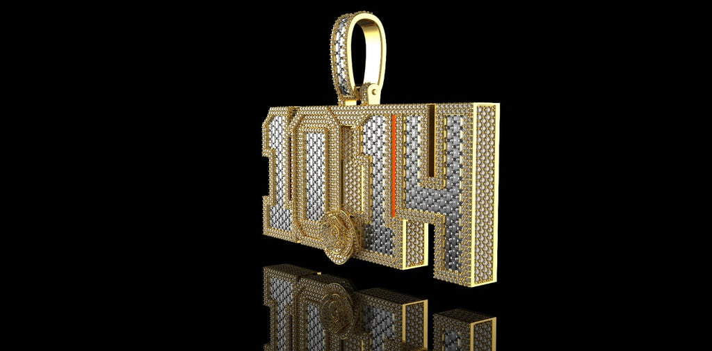 14K 2 TONE YELLOW AND WHITE GOLD DOUBLE LAYER CUSTOM "1014" STYLE BAGUETTE DIAMOND PENDANT