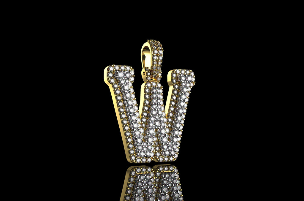 14k 2 tone yellow and white gold double layer initial W diamond pendant
