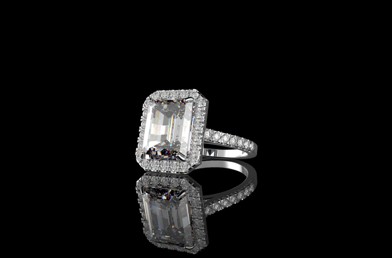 18k white gold Emerald cut halo diamond engagement ring 6.50cts